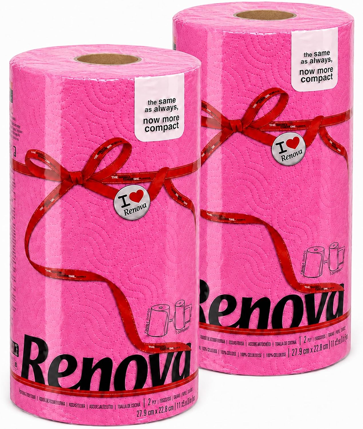 Renova Pink Paper Towel Jumbo Roll Set 2 Rolls – 2 Ply Sheets for Daily Kitchen Tasks, Strong Absorption, Compact Roll Design, Double-Faced Paper for Versatile Use, 120 Sheets per Roll