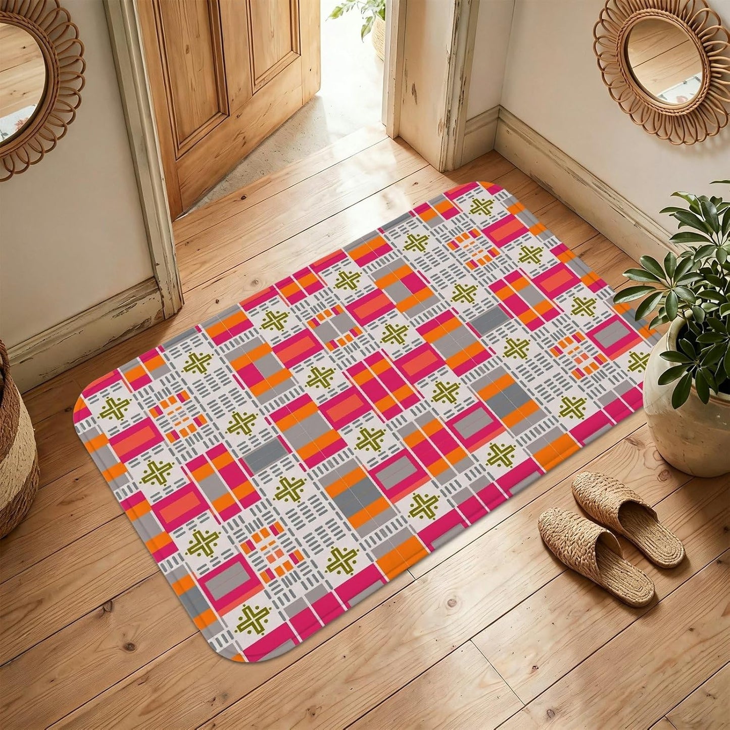 Grid Area Rug, Modern Contemporary Cross Square Spring Peach Low Pile Sponge Rectangle Floor Carpets Edge Binding Rugs for Living Room Bedroom Under Bed Apartment Decor 4' X 6'
