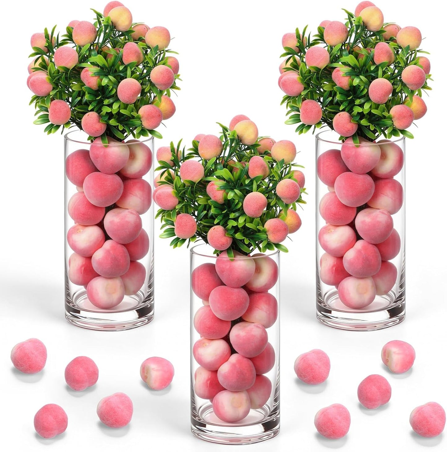 3 Set Artificial Peach Decor with 3 Glass Vase 6 Artificial Peach Branches and 60 Peaches, Plastic Plant Stem Ornament for Home Indoor Office Table Centerpieces Desk Decoration