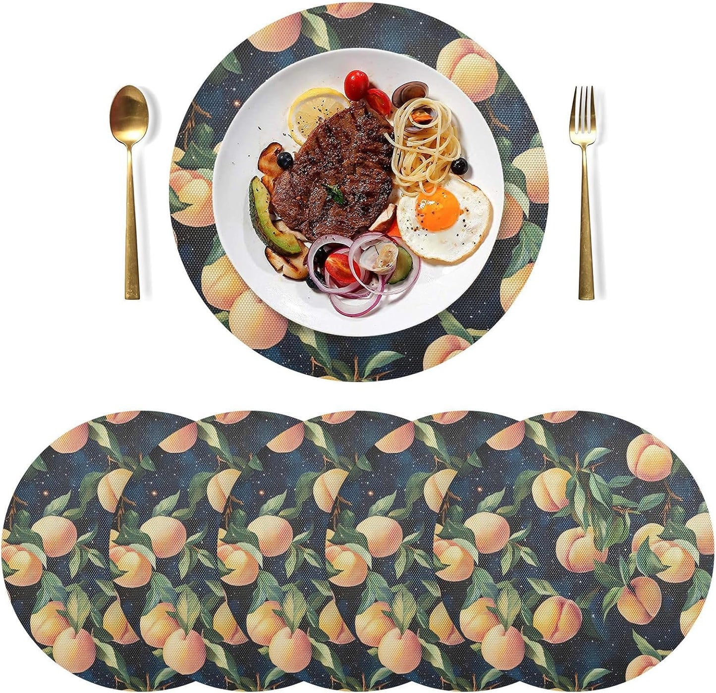 Peach Pattern Round Placemats, 1 Pack Heat Stain Scratch Resistant Table Placemats, Easy to Clean Table Mats for Dining Table 15.4 in