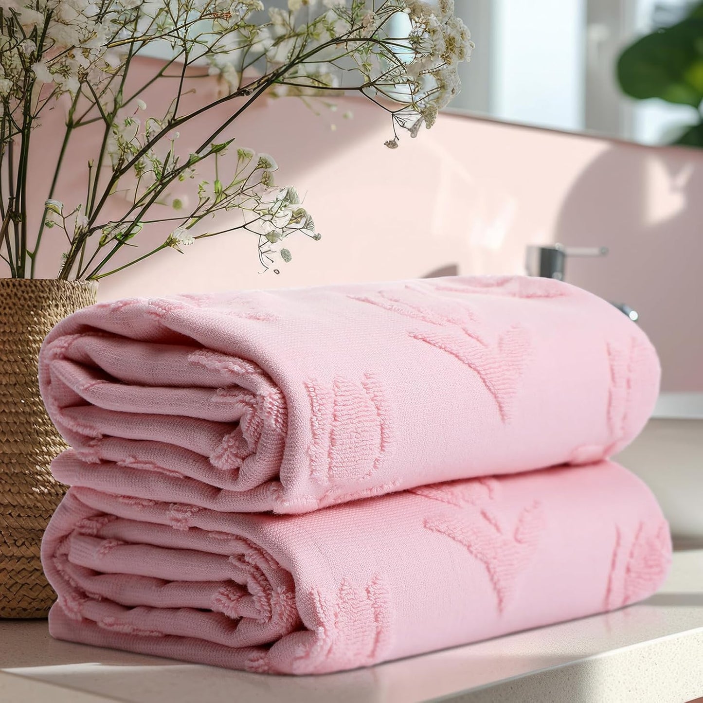 SmoothNovelty 2 Pcs Tulip Hand Towels for Bathroom Pink Tulip 100% Cotton Jacquard Weave Bath Towel Set Soft Absorbent Kitchen Towels for Bathroom Kitchen Summer Theme Gifts 13.8 x 29.5