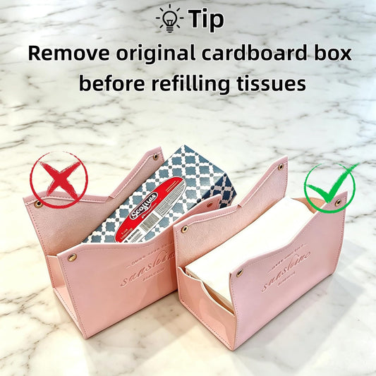 Tissue Box Cover Rectangle, Premium PU Leather Minimalist Tissue Holder with Snap Closure, Modern Decorative Tissue Dispenser for Bathroom Vanity, Bedroom Nightstand, Living Room & Office (Pink)