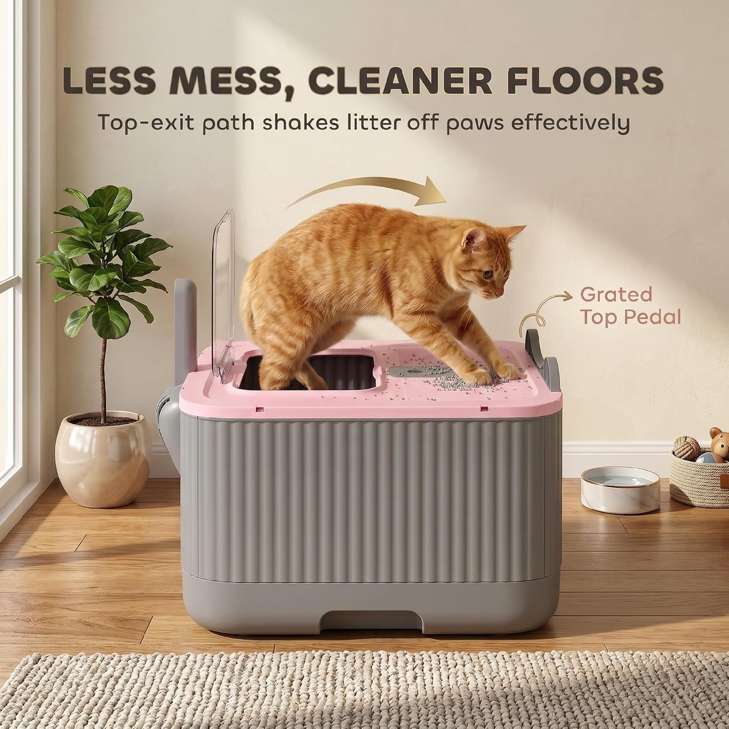 PawHut Cat Litter Box with Lid, Enclosed Litter Box for Medium Cats, Front Entry & Top Exit, Easy Clean Non-Sticky Design, Scoop and Deodorizer Bag, Anti-Leak, Pink