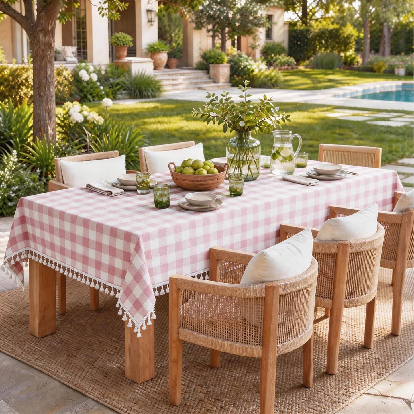 Checkered Tablecloth, Cotton Linen Gingham Table Cloth for Rectangle Table with Tassel, Washable Heavy Duty Wrinkle Free Plaid Table Cover for Dining Picnic Camping, Pink, 90 X 55 Inch