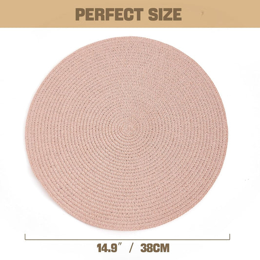 15 Inch Round Braided Woven Placemats Set of 6 Heat Resistant Non-Slip Circle Paper Table Mats for Kitchen Dining Tables (Pink)