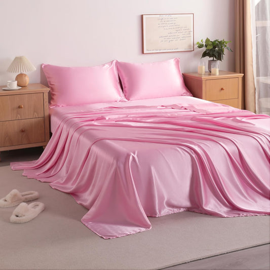 Queen Pink Satin Sheet Set - Luxury Soft Silky Bed Sheets Set for Hair and Skin, 4 Pieces Bed Set with 15" Deep Pocket Fitted Sheet, Flat Sheet & 2 Pillowcase, Non-Fading Wrinkle Resistant