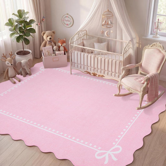 Garvee Scalloped Bow Rug 3x5, Soft Washable Area Rugs for Living Room Bedroom, Non Slip Faux Wool Low Pile Nursery Decor, Farmhouse Boho Rugs, Machine Washable, Pink