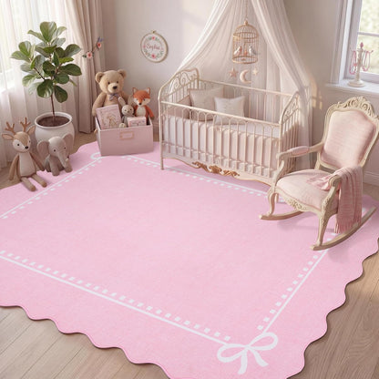 Garvee Scalloped Bow Rug 5x7, Soft Large Washable Area Rugs for Living Room Bedroom Dining, Non Slip Faux Wool Low Pile Farmhouse Nursery Decor, Boho Home Decor Rugs, Machine Washable, Pink