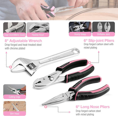 WORKPRO Pink Tool Set, 284 PCS Tool Kit for Women, Basic Household Pink Tool Box with Sockets, Pliers, Ratchet Handle, Portable Toolkit for Home Repair, New Apartment, House-Warming, DIY - Pink Ribbon