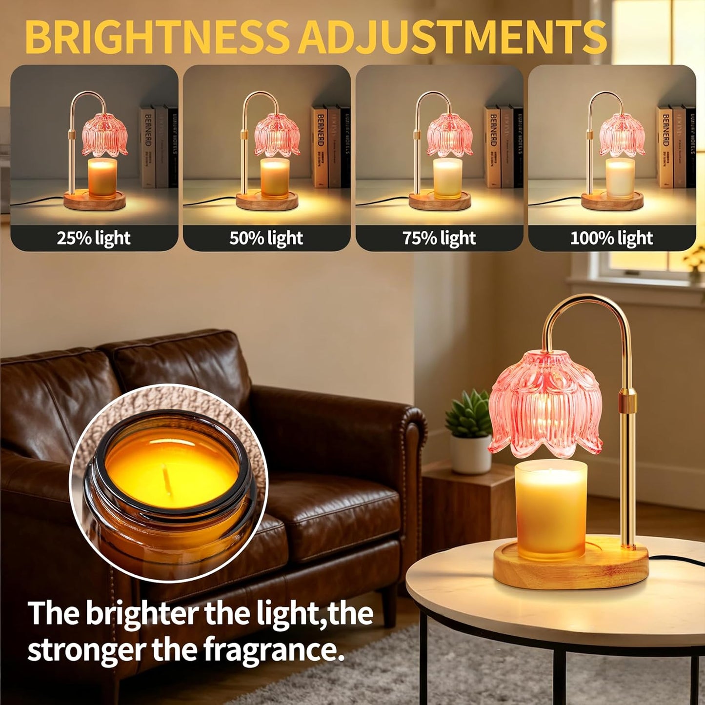 Flower Candle Warmer Lamp for Jar Candles with Timer & Dimmer, Adjustable Height Fits Large Jars up to 7.08" Tall, Flameless Wax Warmer, Cozy Bedroom Home Decor, Gift for Mom Women,Pink