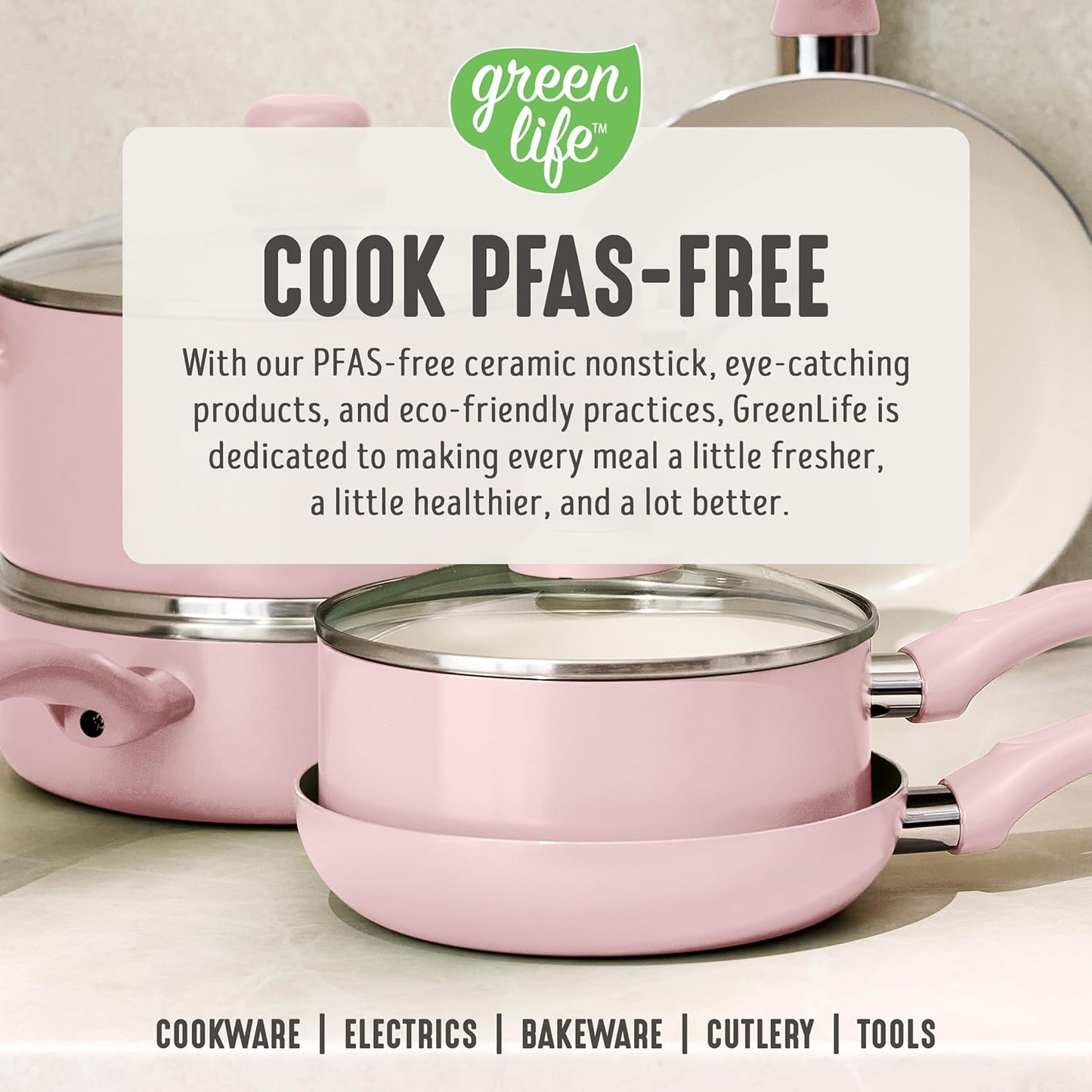 GreenLife 2-Piece Nonstick Frying Pan Set, 8” & 10” Skillets, Non-Toxic Ceramic Cookware, Dishwasher Safe, Stay-Cool Handles, Induction Ready, Fast Heating, Omelet Pan, PFAS Free, Blush Pink
