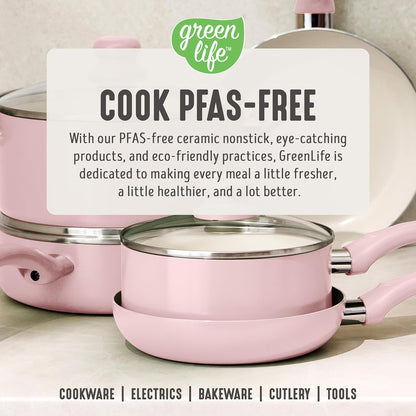 GreenLife 2-Piece Nonstick Frying Pan Set, 8” & 10” Skillets, Non-Toxic Ceramic Cookware, Dishwasher Safe, Stay-Cool Handles, Induction Ready, Fast Heating, Omelet Pan, PFAS Free, Blush Pink