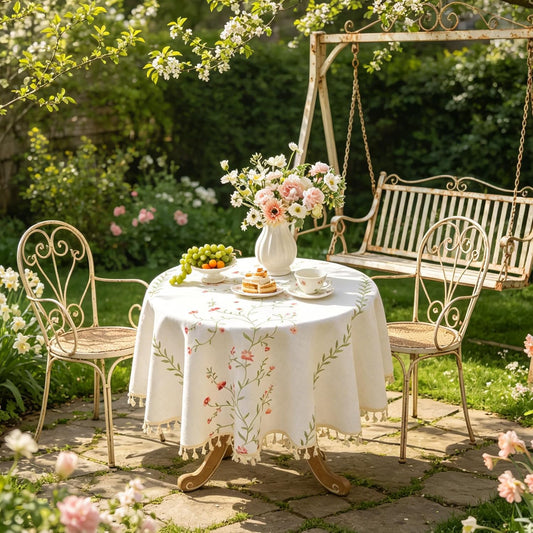 Laolitou Pink Floral Summer 55" Round Tablecloth (Fits 30-43" Table), Embroidery Heavy Duty Cotton Linen Table Cloth, Farmhouse Rustic Waterproof Wrinkle Free Tablecloths with Tassels, Pink Flower