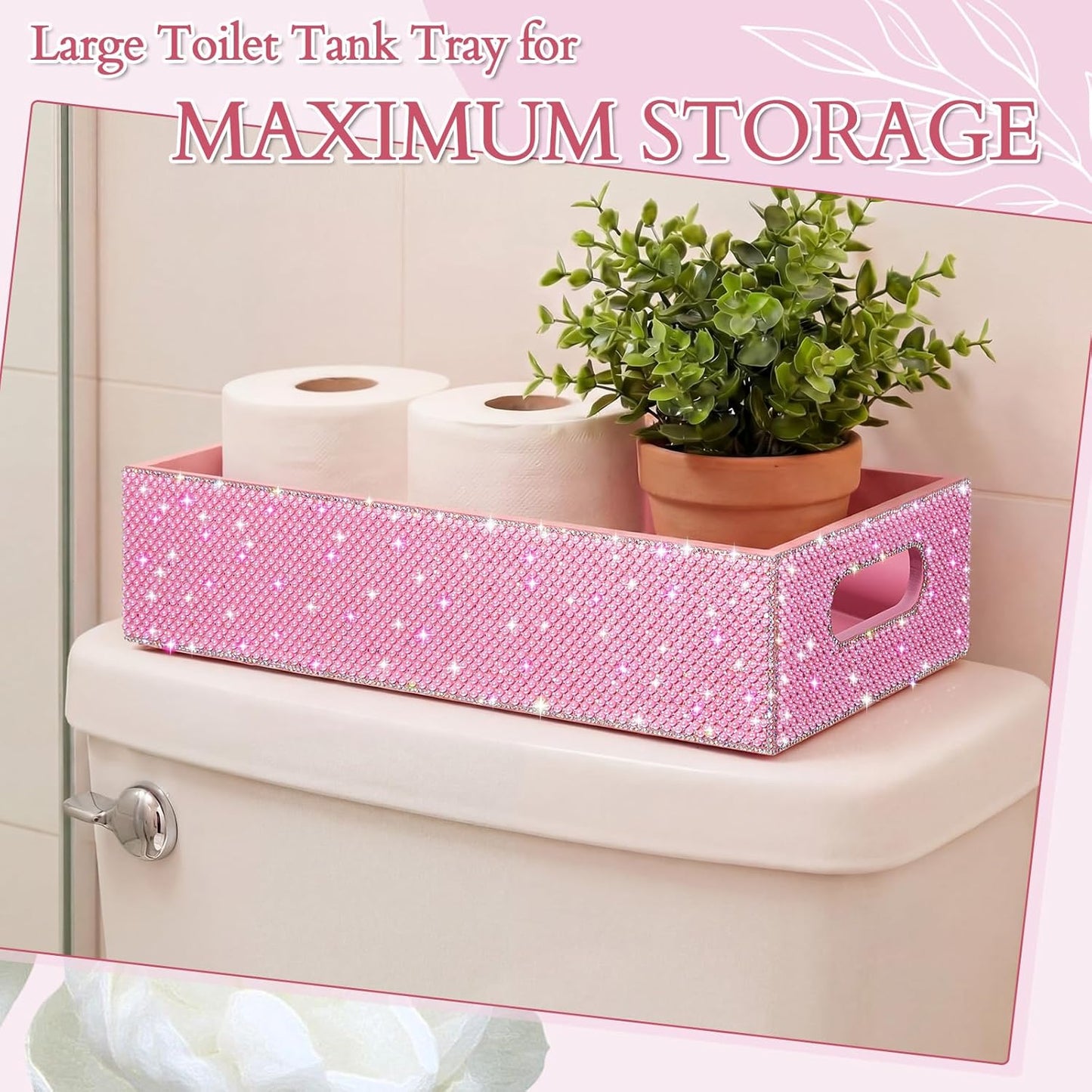 Honeydak Bling Rhinestone Pink Pearl Bathroom Basket with Handle, 13" x 6" x 3" Toilet Tank Tray, Crushed Diamond Bathroom Decor, Back of Toilet Storage Organizer, Sparkly Gifts for Women