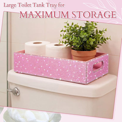 Honeydak Bling Rhinestone Pink Pearl Bathroom Basket with Handle, 13" x 6" x 3" Toilet Tank Tray, Crushed Diamond Bathroom Decor, Back of Toilet Storage Organizer, Sparkly Gifts for Women