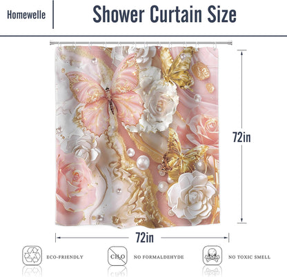 Pink and Gold Marble Shower Curtain Abstract Fluid 3D Butterfly Rose Pearl Luxury Ink Aesthetic 72Wx72H Inch Modern Pretty Floral Elegant Waterproof Polyester Fabric Bathroom Bathtub