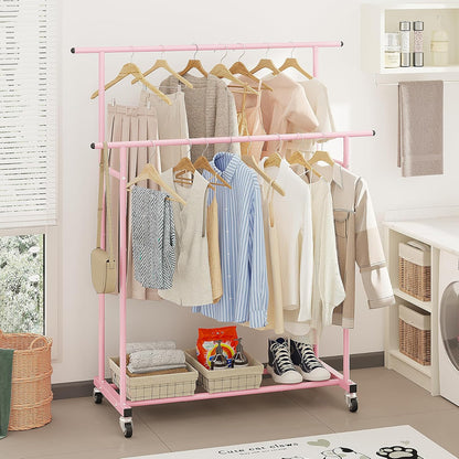 Calmootey Double Rod Clothing Garment Rack,Rolling Hanging Clothes Rack,Portable Clothes Organizer for Bedroom,Living Room,Clothing Store,Pink