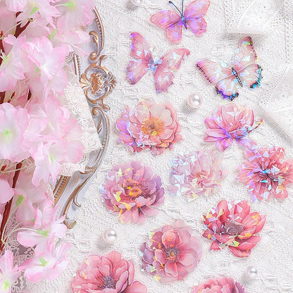 Doraking 60 Pieces Glitter Shiny Flower Stickers for Journaling, Waterproof Decorative Decal for Scrapbooking Supplies Journal Planners Art Crafts Photo Album Decor (Pink)