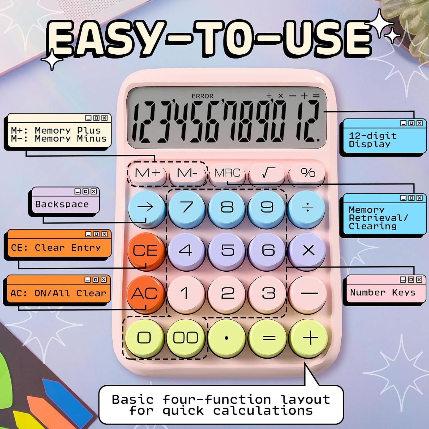Zeno Pink Calculator – Cute Desk Calculator with Big Buttons, 12-Digit, for School, Office & Pink Desk Accessories