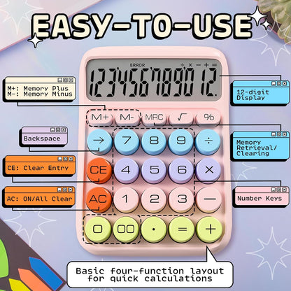 Zeno Pink Calculator – Cute Desk Calculator with Big Buttons, 12-Digit, for School, Office & Pink Desk Accessories