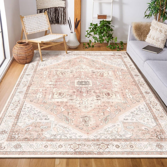 MUJOO Area Rugs 5x7,Pink Washable Rugs for Living Room Bedroom Dining Room,Large Boho Non Slip Carpet Indoor,Vintage Soft Blush and White Floral Rug