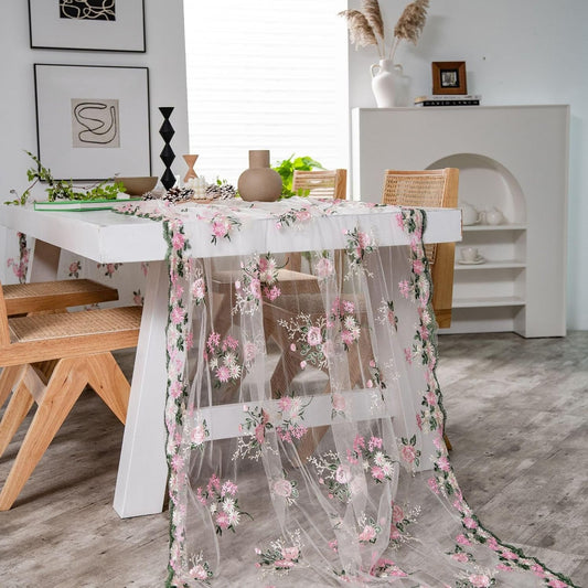 Rectangle Lace Table Cloth Embroidered Pink Flower Tablecloth Vintage Romantic Lace Table Cover Table Linen Chic Lace Table Cover for Home Decor Wedding Party Banquet Holiday(130 * 200cm)