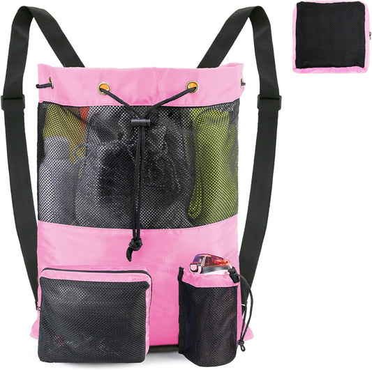 BeeGreen Gym Bags for Men Women Mesh Drawstring Backpack for Swim Sports Workout Gear Gifts for Swimmers Beach Pool Wrestling Backpack Cinch Bag With 3 Pockets Pink Medium
