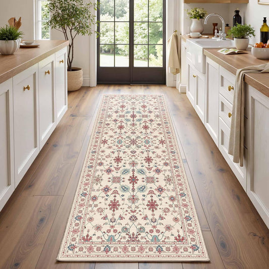 Rugxara 2x6 Floral Runner Rug, Washable Runners for Hallways, Pink Vintage Boho Kitchen Rugs, Non Slip Hallway Runner Carpet for Indoor Hallway, Kitchen, Laundry Room and Bathroom