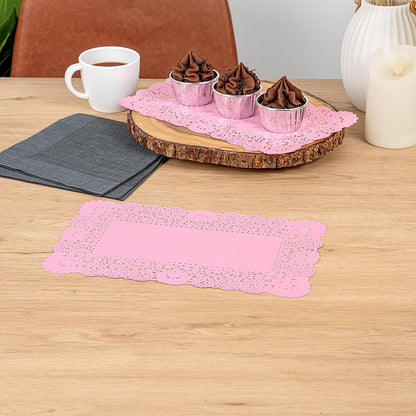 Restaurantware-Pastry Tek 12 x 7 Inch Paper Lace Doilies, 100 Rectangle Disposable Table Doilies - Elegant Lace Finish, Long Lasting, Pink Paper Lace Doilies, for Pastries, Cupcakes, Desserts