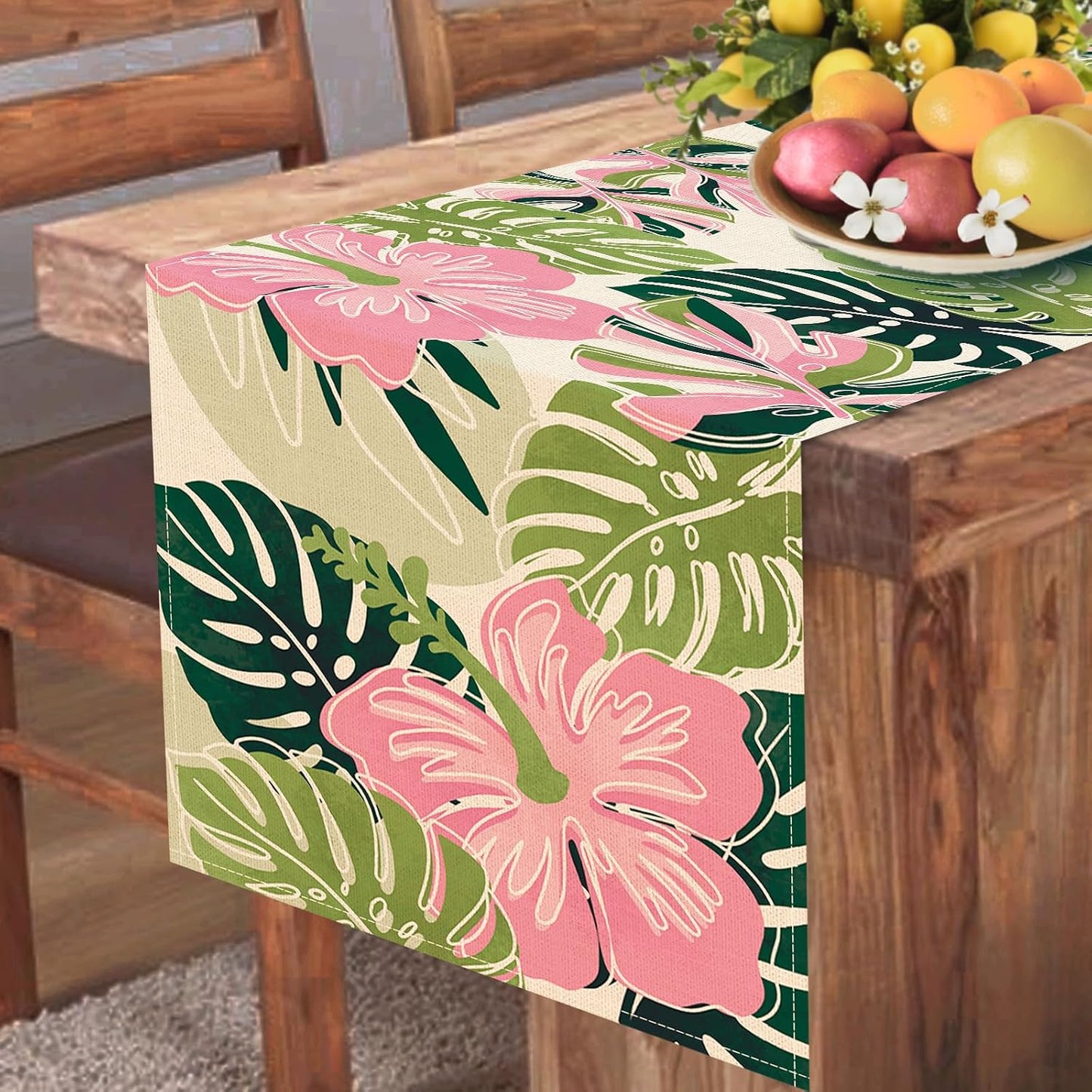 Boho Palm Leaves Spring Summer Table Runner, Tropical Hibiscus Flower Floral Bohemian Kitchen Dining Table Decoration, Pink Green Botanical Indoor Outdoor Home Decor Party Supply 13 x 36 Inch