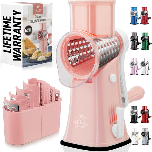 Zulay Kitchen Rotary Cheese Grater 5 Blade Cheese Shredder - Manual Hand Crank Cheese Grater With Reinforced Suction & 5 Interchangeable Drums - Easy to Use, Vegetable Chopper Round Mandoline Slicer