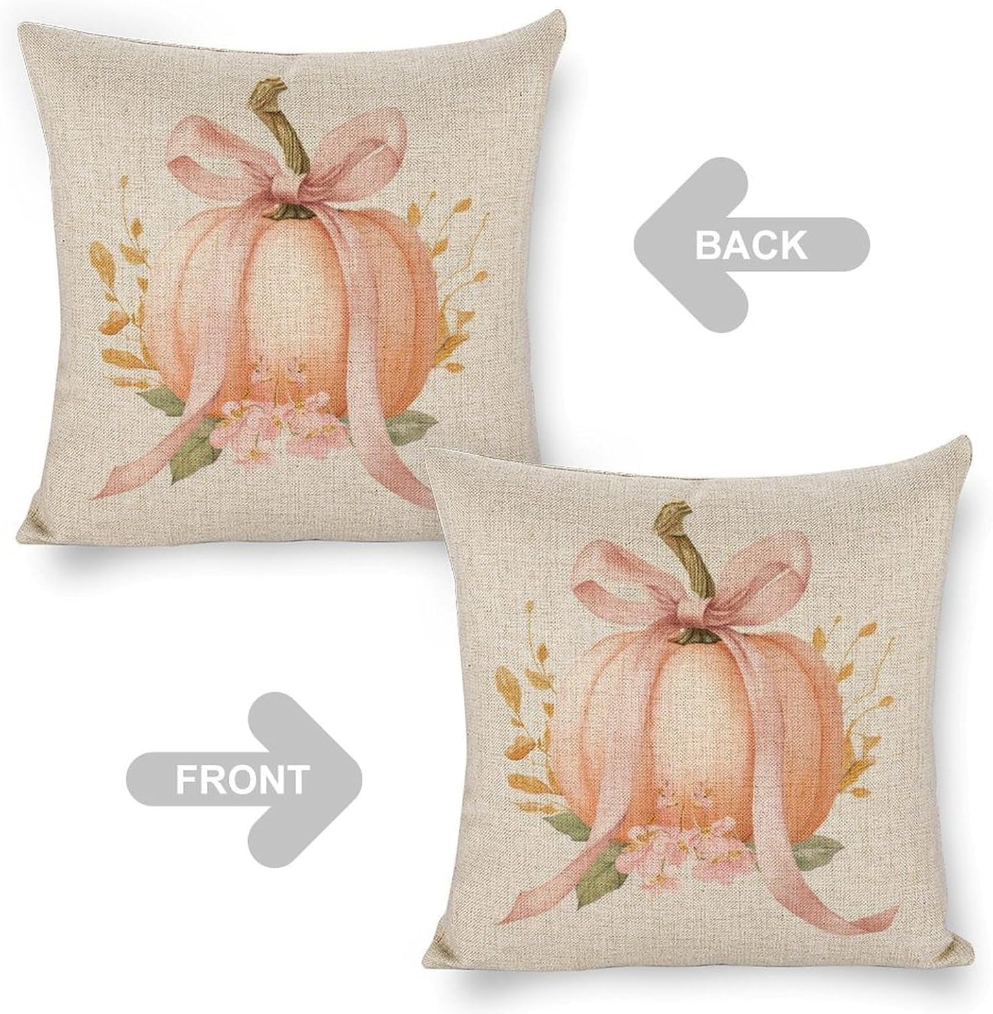 Pastel Peach Pumpkin Large Pink Bow Pillow Covers 18x18 Set of 2, Throw Pillows Covers Linen Cushion Case for Couch Sofa Farmhouse Decor