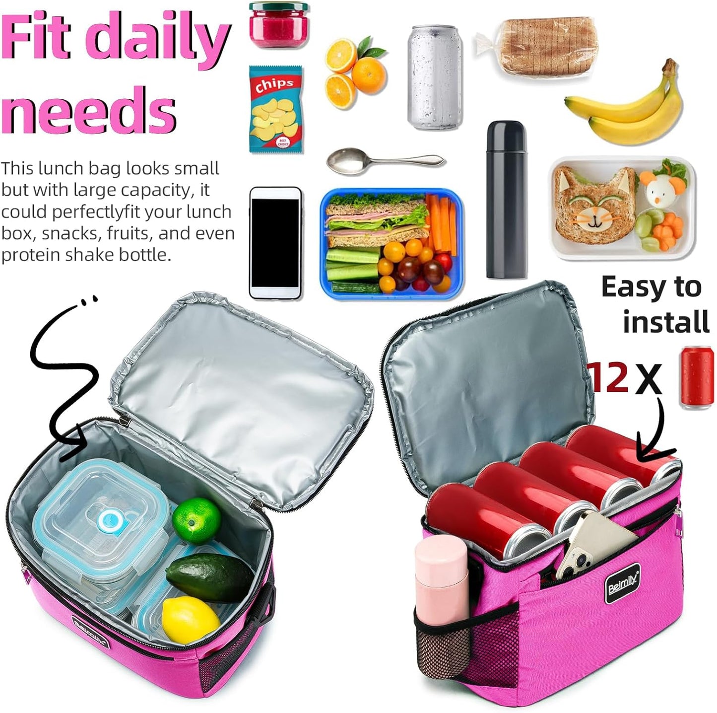 BEIMILY Lunch Box for Men/Women,Small Insulated Lunch Bag,Reusable LunchBox for work Picnic Beach,Leakproof Soft Cooler Tote Bag Organizer with Adjustable Shoulder Strap for Adults(Dark pink)