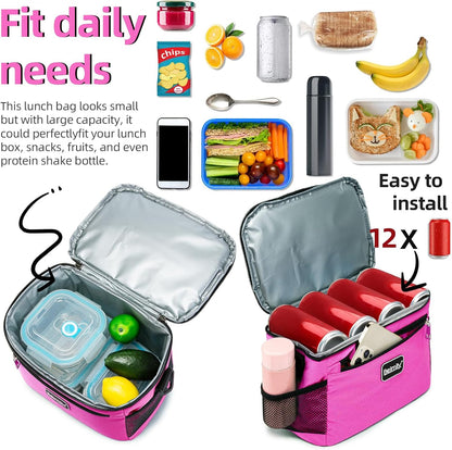 BEIMILY Lunch Box for Men/Women,Small Insulated Lunch Bag,Reusable LunchBox for work Picnic Beach,Leakproof Soft Cooler Tote Bag Organizer with Adjustable Shoulder Strap for Adults(Dark pink)