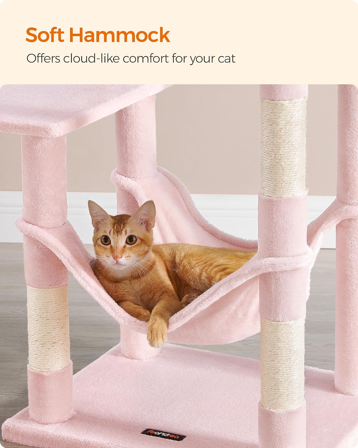 Feandrea Cat Tree, 54.2-Inch Cat Tower, Plush Multi-Level Condo with 4 Scratching Posts, 2 Perches, Hammock, Cave, Jelly Pink UPCT161P01