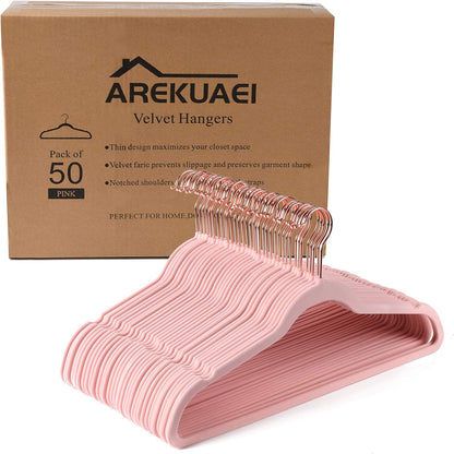 Premium Blush Pink Velvet Hangers (Pack of 50) Heavyduty - Non Slip - Copper/Rose Gold Hooks,Space Saving Clothes Hangers