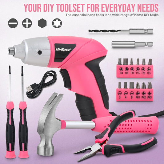 Hi-Spec Cordless Electric Screwdriver, Power Screw Driver Set with Pink Compact Tool Kit for Small Repair and Maintenance- Ideal Housewarming Gift,19 Piece