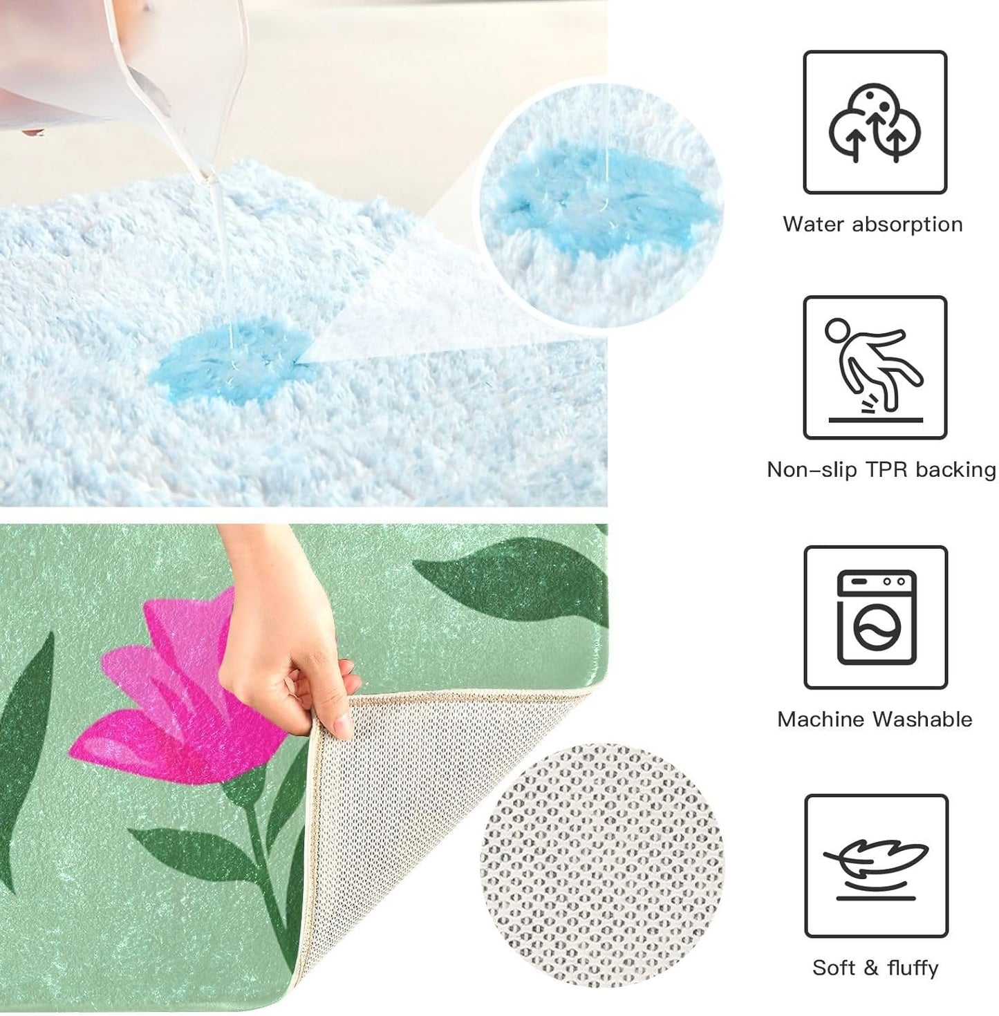 Pink Flowers Bathroom Rug, Non Slip Dry Quickly Bath Mat, Absorbent Soft Bath Rug, Home Decor Accessories, 24"x16"