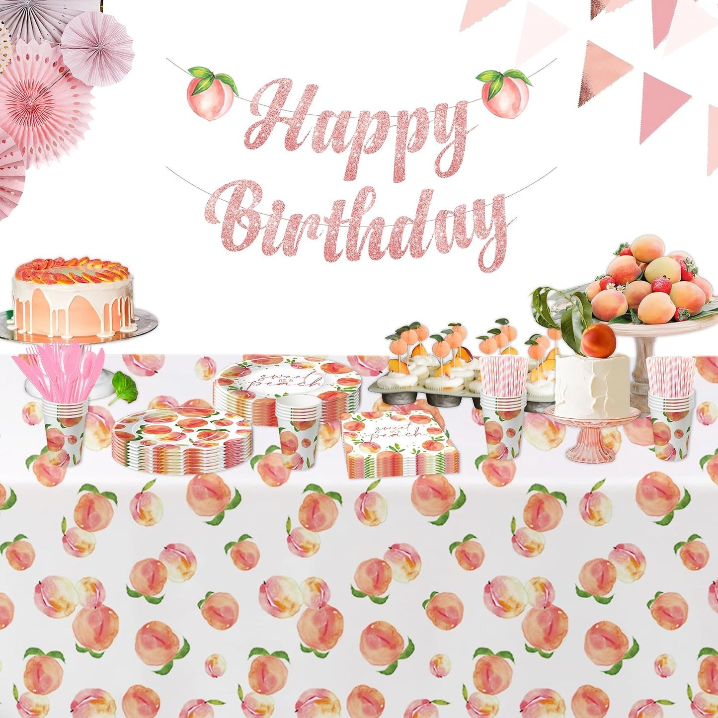 Peach Decorations Supplies Party Tablecloth - Disposable Fruit Sweet As A Peach Theme One Sweet Birthday Decorations Tablecover - 4 Pcs(54in x 108in)