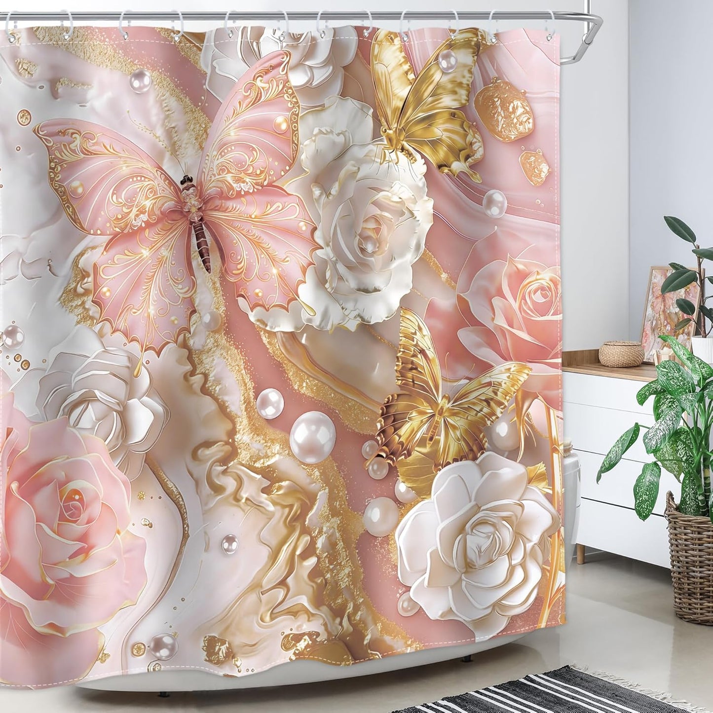 Pink and Gold Marble Shower Curtain Abstract Fluid 3D Butterfly Rose Pearl Luxury Ink Aesthetic 72Wx72H Inch Modern Pretty Floral Elegant Waterproof Polyester Fabric Bathroom Bathtub