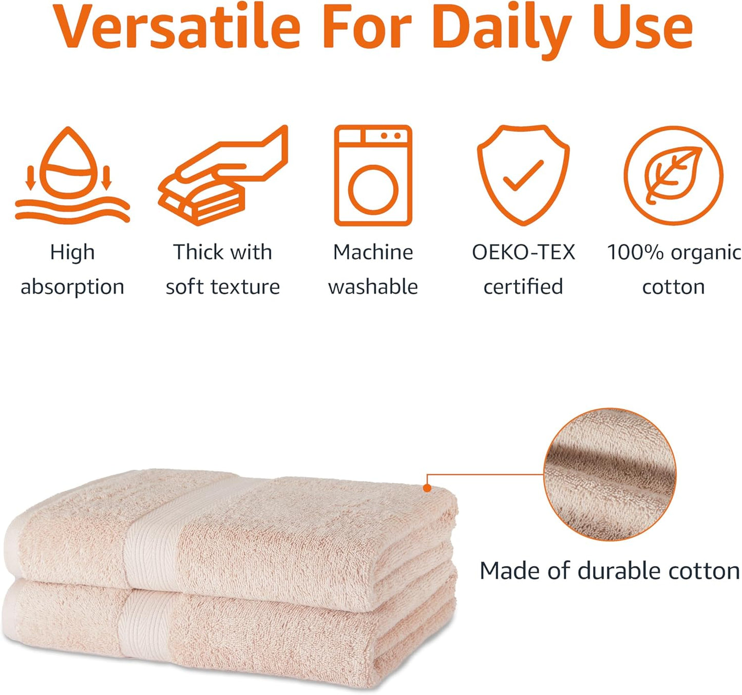 Amazon Basics Fade-Resistant 100% Cotton Bath Towel, Machine Washable, 30"x54", Blush Pink, 2-Pack