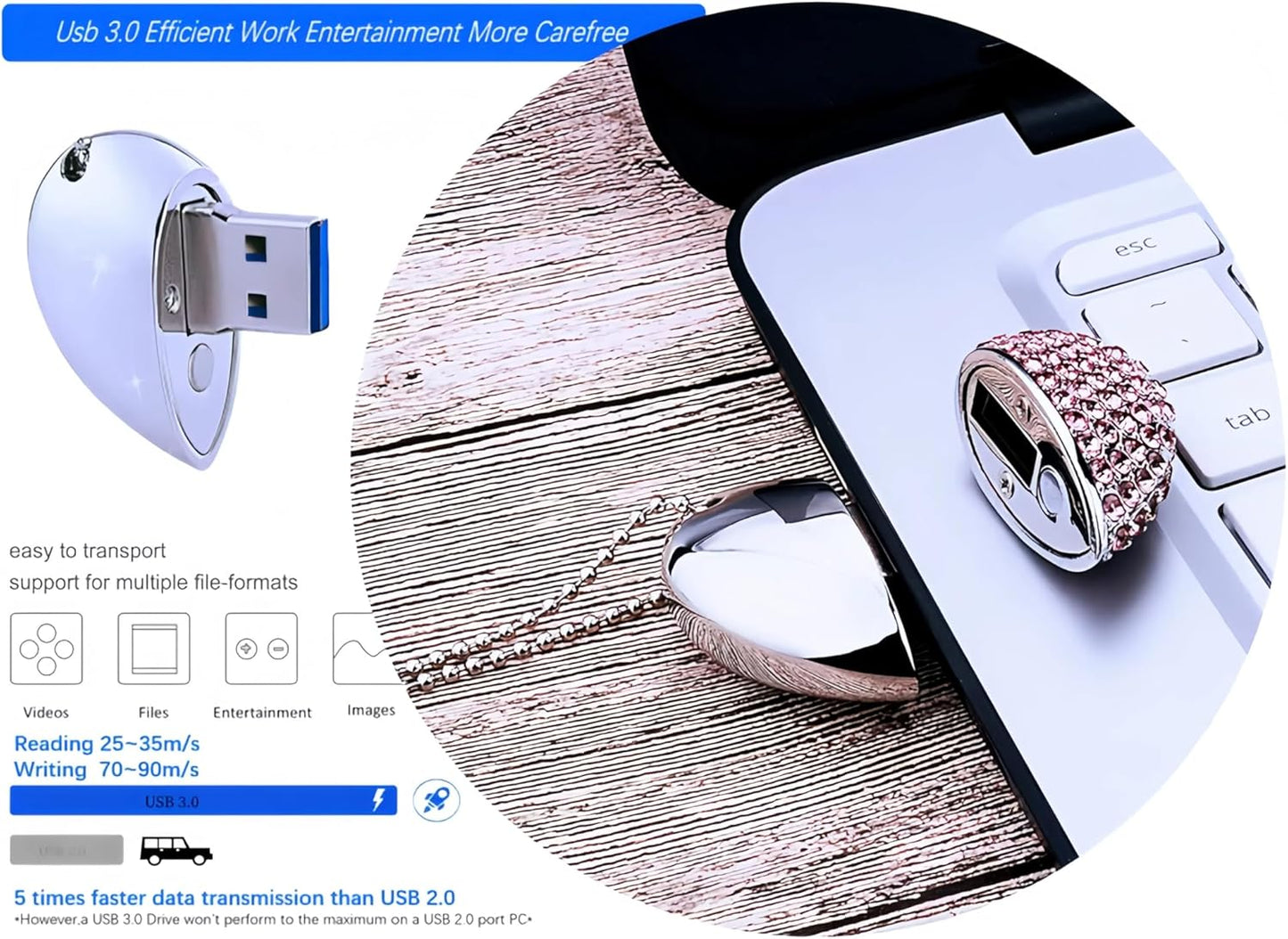 64GB USB 3.0 Flash Drive Diamond Heart with Necklace Memory Stick High Speed Data Storage Pink