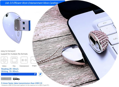 64GB USB 3.0 Flash Drive Diamond Heart with Necklace Memory Stick High Speed Data Storage Pink