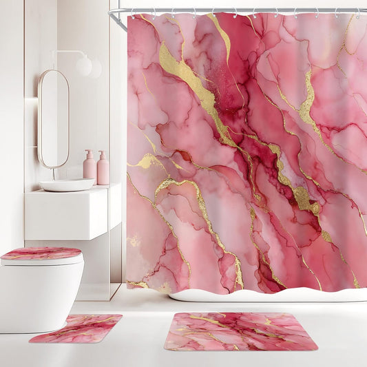 4Pcs Pink Gold Marble Shower Curtain Set, Abstract Modern Cracked Lines Luxury Minimalist Girly Bathroom Curtain with Rug, Toilet Lid Cover, Bath Mat, Aesthetic Shower Curtain with 12 Hooks