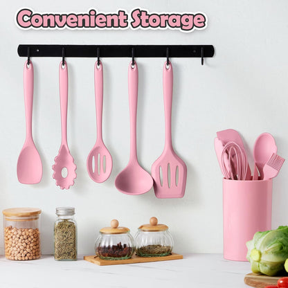 LIANYU 14 Pcs Kitchen Utensils Set, Silicone Cooking Utensils Spatula Set with Holder, Heat Resistant Cookware Tools Includes Spoon Turner Whisk Tong, Dishwasher Safe, Pink