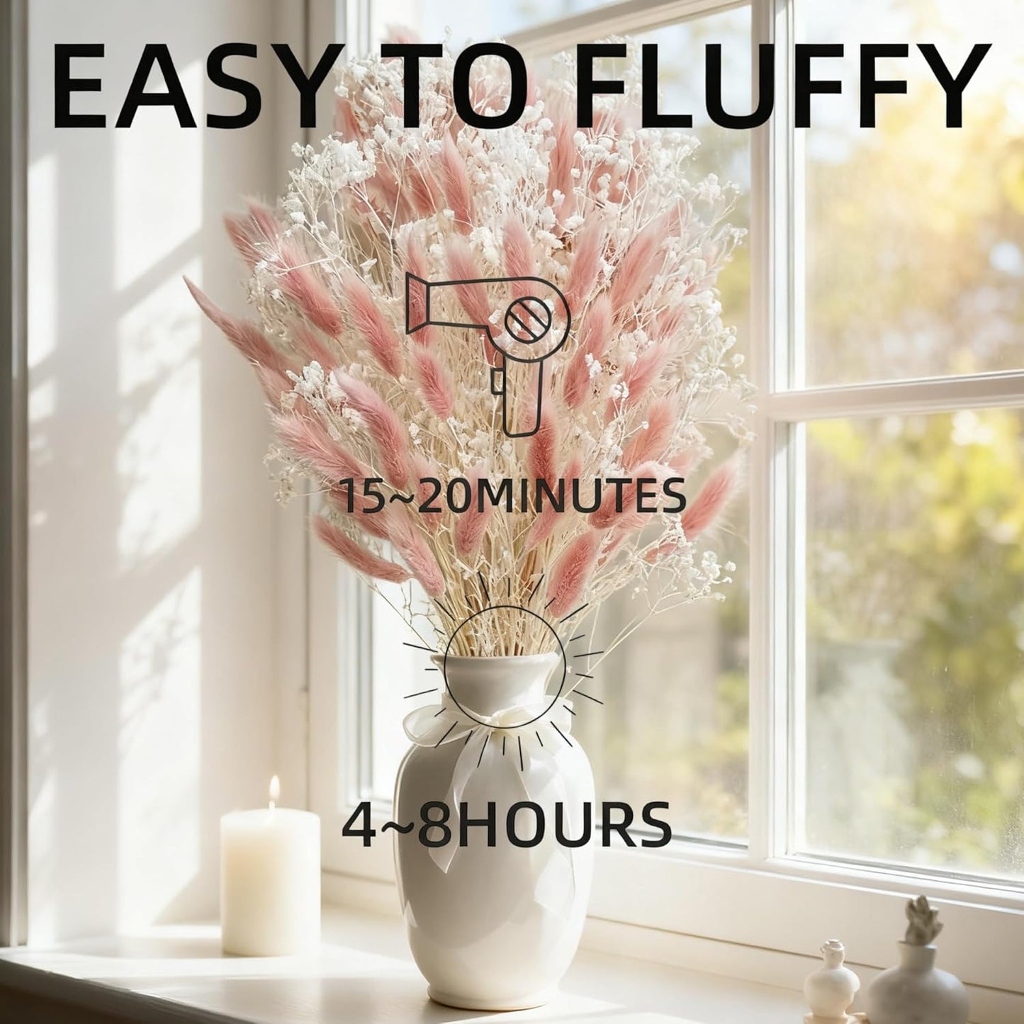 Bunny Tails Dried Flowers Bouquet Fluffy Nature Pampas Grass with Baby Breath Flowers Artificial Flower for Table Bookshelf Home Festival Hobo Wedding Decor (Pink)