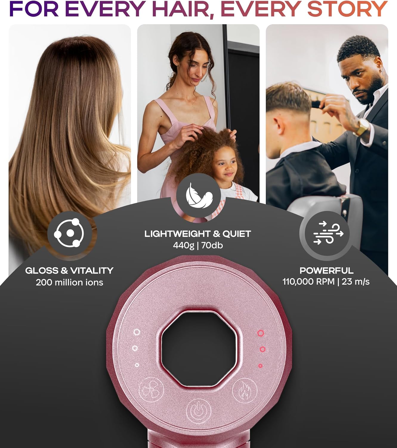 BIZOND Ionic Hair Dryer for Women and Men, Professional Premium Quality High-Speed Motor 110,000 RPM, 1600W Power, 200M Negative Ions, 9ft Long Cord, Lightweight Blow Dryer, Fast & Ultra Quiet (Pink)