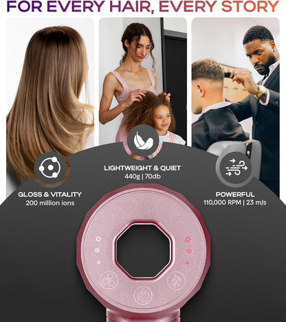 BIZOND Ionic Hair Dryer for Women and Men, Professional Premium Quality High-Speed Motor 110,000 RPM, 1600W Power, 200M Negative Ions, 9ft Long Cord, Lightweight Blow Dryer, Fast & Ultra Quiet (Pink)
