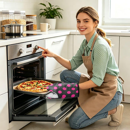 Oven Mitt 2 Pack Set Pink Polka Dot on Black Kitchen Mitts Gloves for for Cooking Baking Grilling