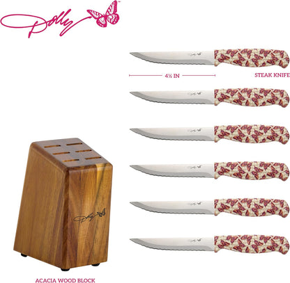 Dolly Parton 7-Piece Steak Knife Set with Pink Handles and Acacia Block for Storage